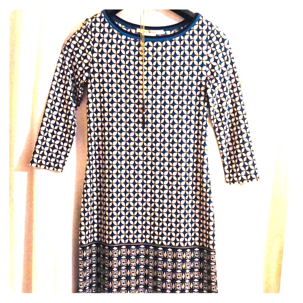 Tan and blue three quarter sleeve dress
